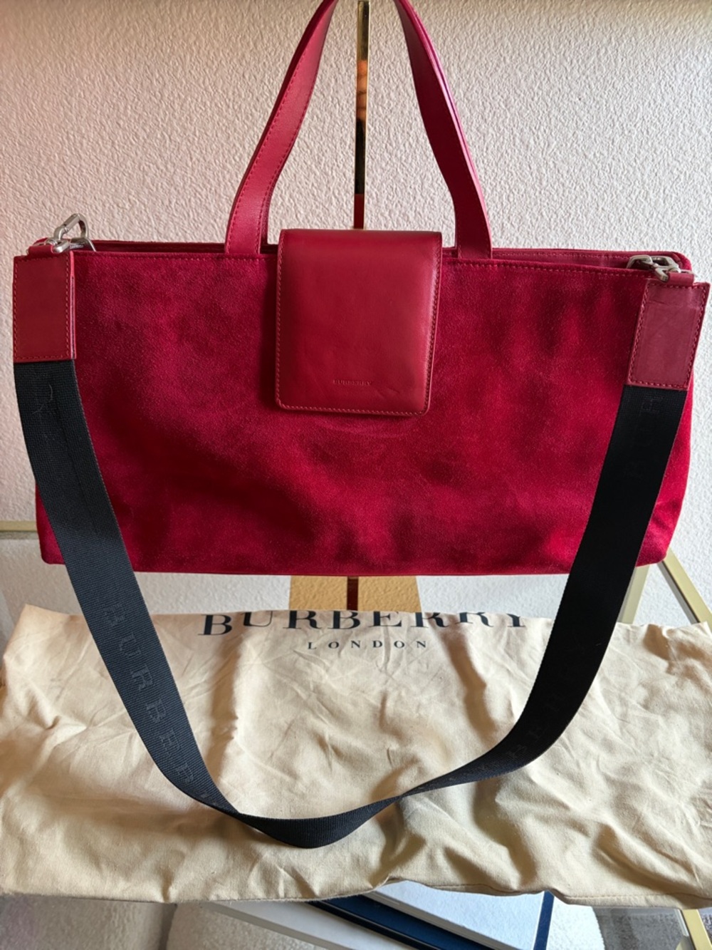 Vintage Burberry Red Suede Shopper Tote with Leather Trim - Picture 6 of 13